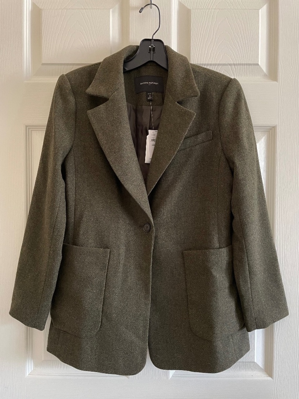 Banana Republic Wool Blend Herringbone Long Blazer Olive Heather Green Pockets